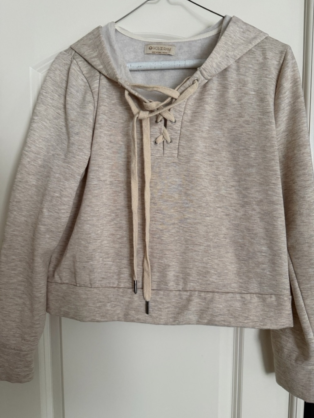 Hologram - Lace-Up Hooded Pullover in Heathered Cream S/M